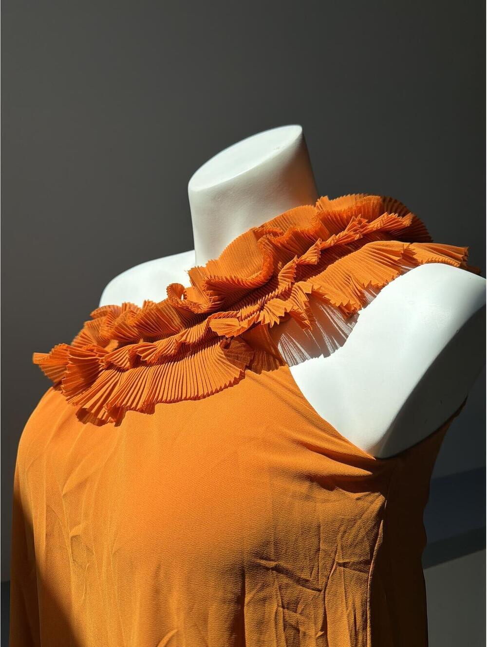 H&M Orange One Shoulder Ruffle Dress Pleated Swing Mini - Picture 2 of 7